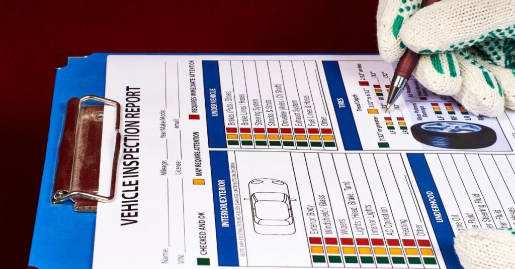 A mechanic filling out a vehicle inspection report form.
